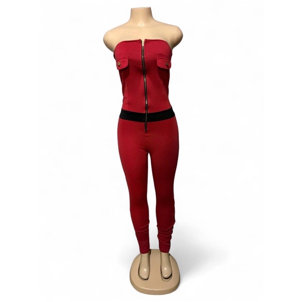 Strapless Red Jumpsuit with Black Waistband